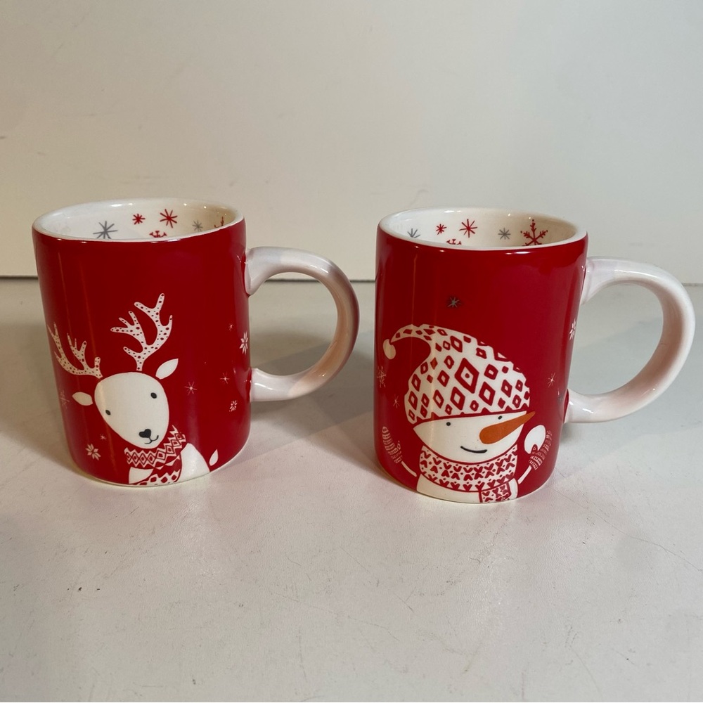Set Of 2 Small Sur La Table Snowman & Reindeer Mugs 
3.25” Height